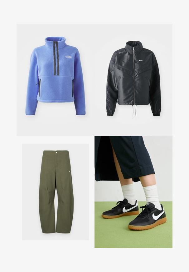 Crna kratka jakna s visokim ovratnikom, zatvaranjem na patentni zatvarač, elastinim rukavima i bijelim Nike logom. Glatka, sjajna tkanina s lagano teksturiranom površinom.; Flis pulover u pastelnoplavoj boji s visokim ovratnikom, prednjim patentnim zatvaračem do pola i dva bočna džepa s patentnim zatvaračem; sadrži kontrastne šavove i oznaku.; Maslinasto zelene široke hlače izrađene od lagane tkanine, s prednjim kopčanjem na gumbe i malim Nike logotipom na lijevoj strani.; Crne kožne i sintetičke tenisice s bijelim Nike swooshom, gumeni potplat, okrugli vrh i crne vezice. Vidljive rebraste bijele čarape.