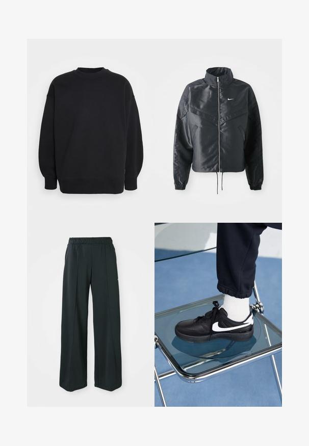 Jachetă croppată neagră cu guler înalt, închidere cu fermoar, manșete din elastan și un logo alb Nike. Material neted, lucios, cu o suprafață ușor texturată.; Hanorac negru dintr-o țesătură moale, cu guler rotund, umeri căzuți și manșete și tiv din tricot pentru o croială lejeră.; Pantaloni sportivi negri, cu croială largă și talie elastică. Realizați dintr-un material neted și elastic, cu cusături frontale subtile și fără buzunare.; Adidași negri Nike cu accente albe, cu o textură de piele netedă, design cu șireturi și vârf rotunjit, așezați pe un scaun din sticlă.