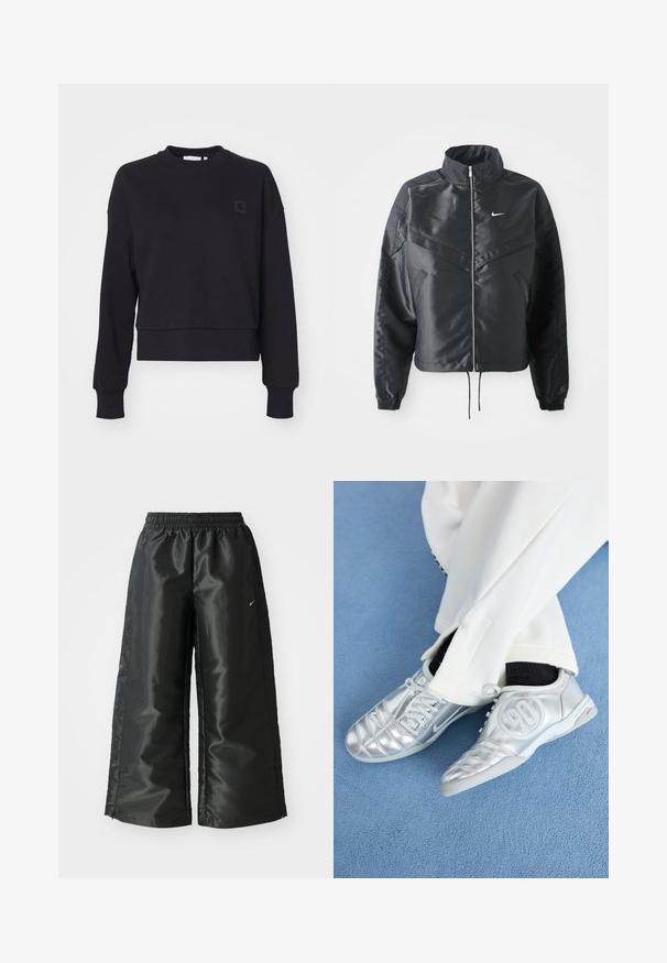 Must kolledžiga must lühike jope, millel on lukuga sulgus, elastne mansett ja valge Nike logo. Sile, läikiv kangas, millel on veidi tekstureeritud pind.; Must muströöpide ja ribatrellidega must lühikesed varrukad. Vasakul rinnal on väike must logo. Pehme tekstuur.; Mustad mustad sportsipüksid läikiva, siledaga kangaga, pa elastse vöökoha, laia sääre ja väikese logoga vasakul küljel.; Hõbedased spordijalatsid, millel on sile ja läikiv pind, eristuvad õmmeldud mustriga ning külje peal on number 90, millele on lisatud valged püksid.