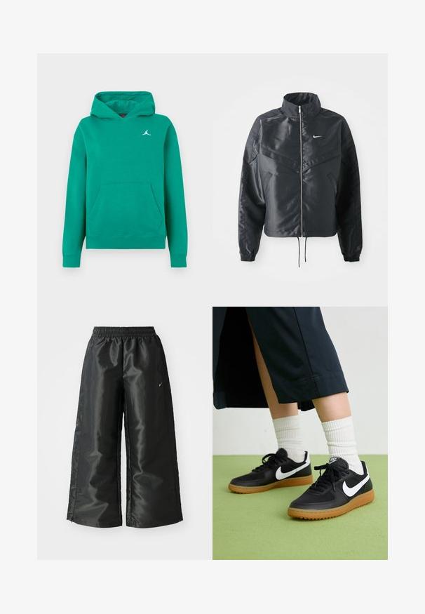 Casaco preto curto com colarinho alto, fecho de zip, punhos em elastano e um logótipo Nike branco. Tecido suave e brilhante com uma superfície ligeiramente texturizada.; Sweatshirt verde feito de tecido macio, com bolso canguru e punhos canelados. Pequeno logótipo Jumpman branco no peito. Corte clássico descontraído.; Calças atléticas pretas com um tecido brilhante e suave, apresentando uma cintura elástica, pernas largas e um pequeno logotipo do lado esquerdo.; Sapatilhas pretas em couro e sintético com o logo da Nike em branco, sola de borracha tipo goma, bico redondo e atacadores pretos. Meias brancas com frunces visíveis.