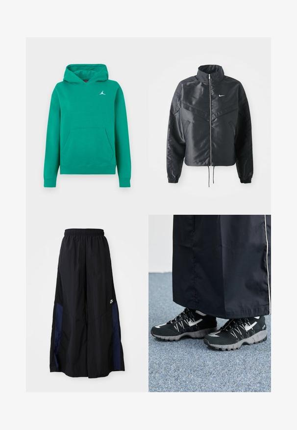 Chaqueta negra corta con cuello alto, cierre de cremallera, puños de elastano y un logo de Nike en blanco. Tejido suave y brillante con una superficie ligeramente texturizada.; Sudadera verde hecha de tela suave, con un bolsillo canguro y puños acanalados. Pequeño logo Jumpman blanco en el pecho. Corte clásico y relajado.; Pantalones de pierna ancha negros, confeccionados en una tela ligera, con un panel lateral azul marino y una cinturilla elástica. Logotipo blanco pequeño en la parte inferior.; Zapatillas deportivas negras con un upper texturizado, detalles plateados y una suela con patrón, combinadas con una prenda larga negra. Colocadas sobre una alfombra azul.