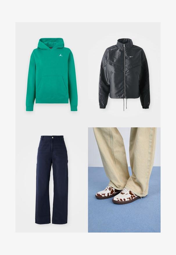 Melna apgriezta jaka ar augstu apkakli, rāvējslēdzēja aizdari, elastīna aprocēm un baltu Nike logo. Gluda, spīdīga auduma ar nedaudz teksturētu virsmu.; Zaļa kapuce, izgatavota no maiga auduma, ar kangarū kabatu un ribinātām piedurknēm. Mazs balts Jumpman logo uz krūšu. Klasiska brīva piegriezuma.; Jūras zilas platās kājas kravas bikses, izgatavotas no izturīgas kokvilnas auduma, ar sānu kabatām un pogu aizdari viduklī.; Baltie un brūnie zīmējumu kedu pāris ar acs un ādas materiālu, aprīkoti ar brūniem gumijas zoliem. Saskaņotas ar gaismas bēšām platu kāju biksēm.
