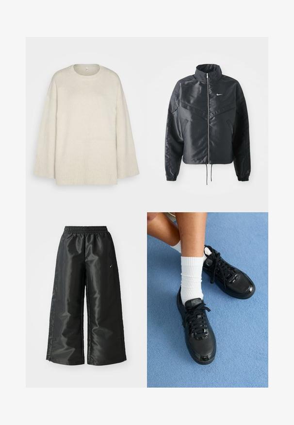 Veste noire courte avec col haut, fermeture éclair, poignets en élasthanne et logo Nike blanc. Tissu lisse et brillant avec une surface légèrement texturée.; Pull léger beige en tissu tricot doux, avec un col rond, des épaules tombantes et des accents côtelés au bas et aux manches.; Pantalons de sport noirs en tissu brillant et lisse, avec une taille élastique, des jambes larges et un petit logo sur le côté gauche.; Des baskets Nike noires présentent une tige texturée, des accents brillants et des lacets ronds. Elles sont associées à des chaussettes blanches côtelées sur une surface bleu clair.