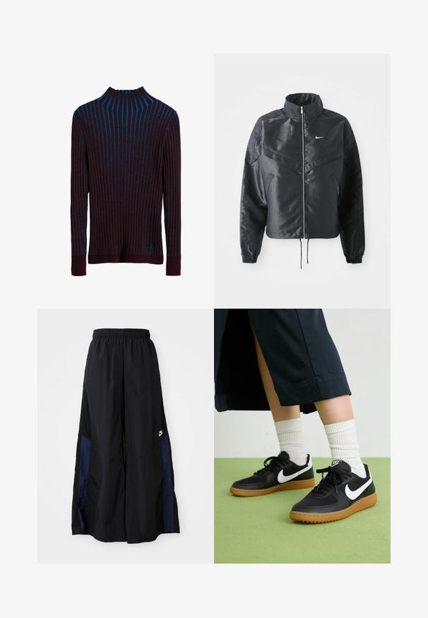 Fekete, rövidített dzseki magas gallérral, cipzáras záródással, elasztikus mandzsettákkal, és fehér Nike logóval. Simább, fényes anyag, enyhén textúrázott felülettel.; Sötétlila bordázott pulóver kék függőleges csíkokkal, magas nyakkal és testhez simuló mandzsettákkal. Puha tapintású, enyhe fényességgel.; Fekete, bő szárú nadrág könnyű anyagból, tengerészkék oldalsó panellel és elasztikus derékkal. Kicsi fehér logó az alján.; Fekete bőr és szintetikus sneakers, fehér Nike logo-val, gumi talppal, kerek orral és fekete fűzővel. Csíkos fehér zokni látható.