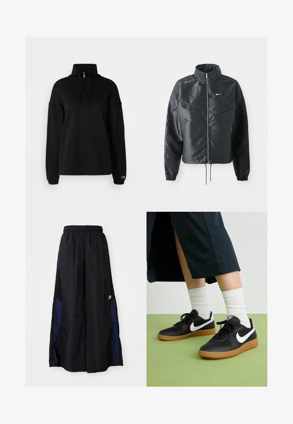 Chaqueta negra corta con cuello alto, cierre de cremallera, puños de elastano y un logo de Nike en blanco. Tejido suave y brillante con una superficie ligeramente texturizada.; Champion ICONS HALF ZIP SMALL C LOGO - Sudadera - black; Pantalones de pierna ancha negros, confeccionados en una tela ligera, con un panel lateral azul marino y una cinturilla elástica. Logotipo blanco pequeño en la parte inferior.; Zapatillas de cuero negro y sintético con el swoosh blanco de Nike, suela de goma, punta redonda y cordones negros. Calcetines blancos acanalados visibles.
