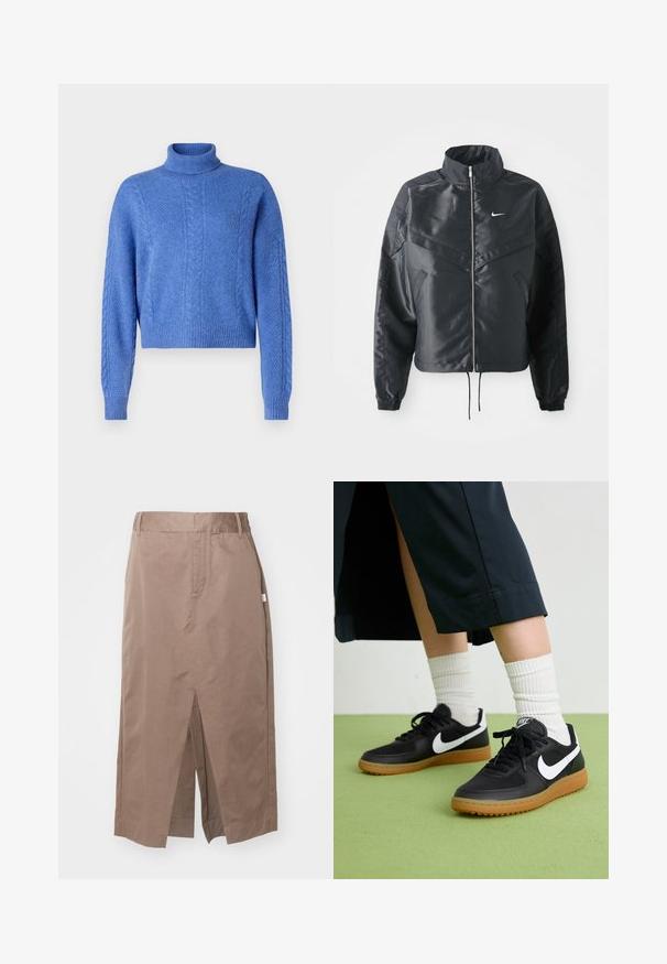 Crna kratka jakna s visokim ovratnikom, zatvaranjem na patentni zatvarač, elastinim rukavima i bijelim Nike logom. Glatka, sjajna tkanina s lagano teksturiranom površinom.; Skraćeni plavi džemper s visokim ovratnikom, sa teksturiranim pletenim uzorcima i rebrastim manžetama. Napravljen od mekog, toplog materijala.; Smeđa pamučna suknja ravnog dizajna, s prednjim prorezom, bočnim džepovima i standardnim pojasom. Glatka tekstura i krojeni šavovi.; Crne kožne i sintetičke tenisice s bijelim Nike swooshom, gumeni potplat, okrugli vrh i crne vezice. Vidljive rebraste bijele čarape.