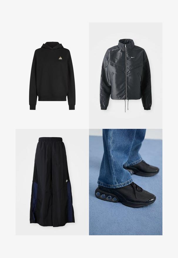 Sort cropped jakke med høj krave, lynlås lukning, elastiske manchetter og et hvidt Nike-logo. Glat, blankt stof med en let struktureret overflade.; Sort hættejakke med kengurulomme, justerbar snor, og et trekantet flerfarvet logo på venstre brystområde. Blødt materiale.; Sorte vide benbukser lavet af letvægtsstof, med et marineblåt sidepanel og en elastisk talje. Lille hvidt logo nederst.; Sorte træningssko med mesh-overdel, teksturerede detaljer og synlige luftdæmpningspodere i sålen. Båret med blå denimjeans.