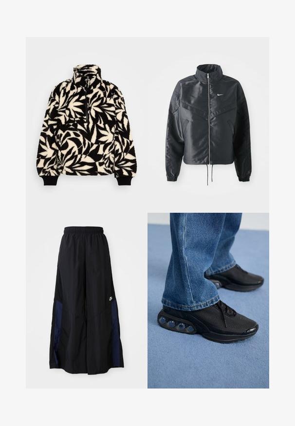 Giacca nera cropped con colletto alto, chiusura a zip, polsini in elastan e logo Nike bianco. Tessuto liscio e lucido con una superficie leggermente texturizzata.; Pullover in pile nero e crema con colletto alto, zip a metà e motivo a foglia. I polsini sono dotati di bande elastiche nere per una vestibilità aderente.; Pantaloni neri a gamba larga realizzati in tessuto leggero, con un pannello laterale blu navy e una cintura elastica. Piccolo logo bianco sul fondo.; Scarpe da ginnastica nere con tomaia in rete, dettagli testurizzati e pod di ammortizzazione visibili nella suola. Indossate con jeans in denim blu.