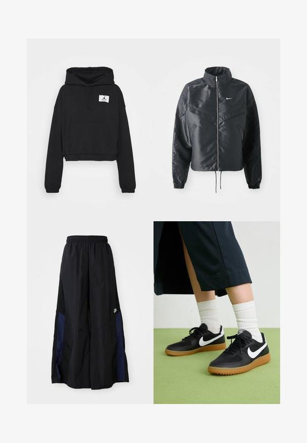 Casaco preto curto com colarinho alto, fecho de zip, punhos em elastano e um logótipo Nike branco. Tecido suave e brilhante com uma superfície ligeiramente texturizada.; Jordan W J ESSEN - Sweatshirt com capuz - black; Calças largas pretas feitas de tecido leve, com um painel lateral azul-marinho e cintura elástica. Pequeno logótipo branco na parte inferior.; Sapatilhas pretas em couro e sintético com o logo da Nike em branco, sola de borracha tipo goma, bico redondo e atacadores pretos. Meias brancas com frunces visíveis.