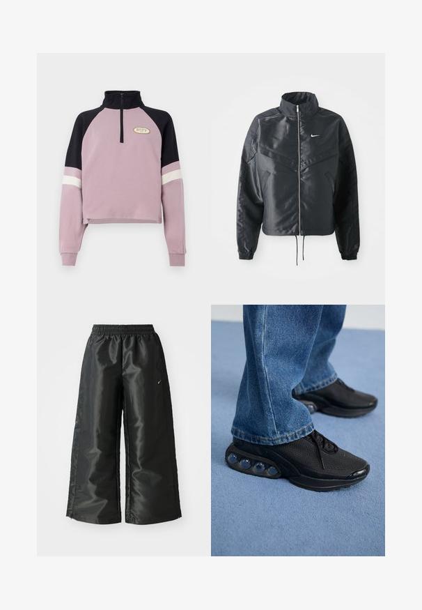 Giacca nera cropped con colletto alto, chiusura a zip, polsini in elastan e logo Nike bianco. Tessuto liscio e lucido con una superficie leggermente texturizzata.; Pullover corto viola con colletto e dettagli neri sulle maniche. Presenta una mezza zip e il logo Roxy in oro sul petto. Tessuto morbido.; Pantaloni sportivi neri con un tessuto lucido e morbido, dotati di una vita elasticizzata, gambe larghe e un piccolo logo sul lato sinistro.; Scarpe da ginnastica nere con tomaia in rete, dettagli testurizzati e pod di ammortizzazione visibili nella suola. Indossate con jeans in denim blu.