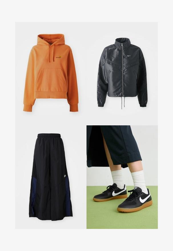 Giacca nera cropped con colletto alto, chiusura a zip, polsini in elastan e logo Nike bianco. Tessuto liscio e lucido con una superficie leggermente texturizzata.; Felpa arancione in cotone con tasca frontale a marsupio, polsini e fondo a coste, cappuccio regolabile con cordino e dettaglio logo ricamato sul petto.; Pantaloni neri a gamba larga realizzati in tessuto leggero, con un pannello laterale blu navy e una cintura elastica. Piccolo logo bianco sul fondo.; Sneaker in pelle nera e sintetica con logo Nike bianco, suola in gomma, punta rotonda e lacci neri. Calze bianche a righe visibili.