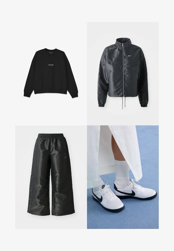 Fekete, rövidített dzseki magas gallérral, cipzáras záródással, elasztikus mandzsettákkal, és fehér Nike logóval. Simább, fényes anyag, enyhén textúrázott felülettel.; Fekete pulóver kerek nyakkal és bordás mandzsettával. Elöl fehér "PEGADOR" logóval rendelkezik. Puha anyagból készült, laza szabású.; Fekete sportnadrág fényes, sima anyagból, rugalmas derékkal, széles lábakkal és egy kis logóval a bal oldalon.; Fehér Nike sportcipők fekete kiegészítőkkel, sima bőrből készült felsőrésszel, fehér cipőfűzőkkel és strapabíró gumitalppal, fehér bordás zoknival párosítva.