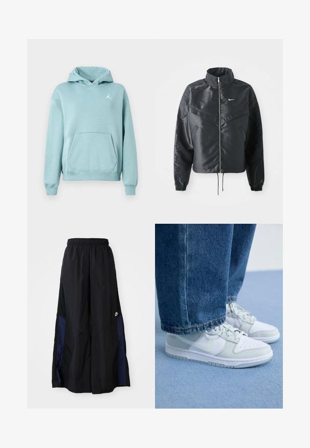 Svart kort jacka med hög krage, dragkedja, ärmslut i elastan och en vit Nike-logotyp. Slät, glänsande tyg med en något strukturerad yta.; Ljust teal hoodie med en känguruficka, ribbade ärmar och fåll, samt en vit Jordan-logga på vänster bröst. Mjuk tygkänsla.; Svarta vida byxor gjorda av lättviktig tyg, med en marinblå sid panel och ett elastiskt midjeband. Litet vitt logotyp nertill.; Nike sneakers i vitt och ljusgrått läder med perforerat tåparti, platta snörningar och gummisulor, kombinerade med blå denimjeans.