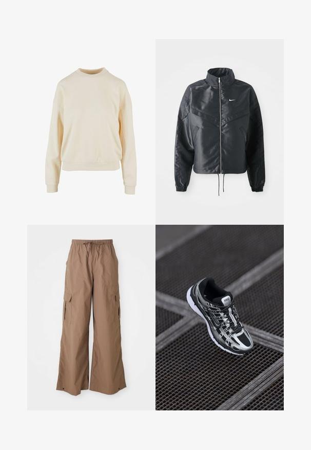 Schwarze, verkürzte Jacke mit hohem Kragen, Reißverschluss, Elastan-Ärmeln und einem weißen Nike-Logo. Glattes, glänzendes Material mit leicht strukturiertem Oberflächeneffekt.; Cremfarbener Rundhalsausschnitt-Pullover mit langen Ärmeln, einem lockeren Schnitt, gerippten Bündchen und einer glatten Textur, die die Einfachheit im Design betont.; Braune lässige Cargo-Hosen mit Kordelzugbund und seitlichen Klappen-Taschen, weit geschnitten, vor einem weißen Hintergrund präsentiert.; Nike-Laufschuh mit einem schwarz-silbernen Farbschema, Mesh-Obermaterial, strukturiertem Sohle und Schnürsystem für einen sicheren Sitz.