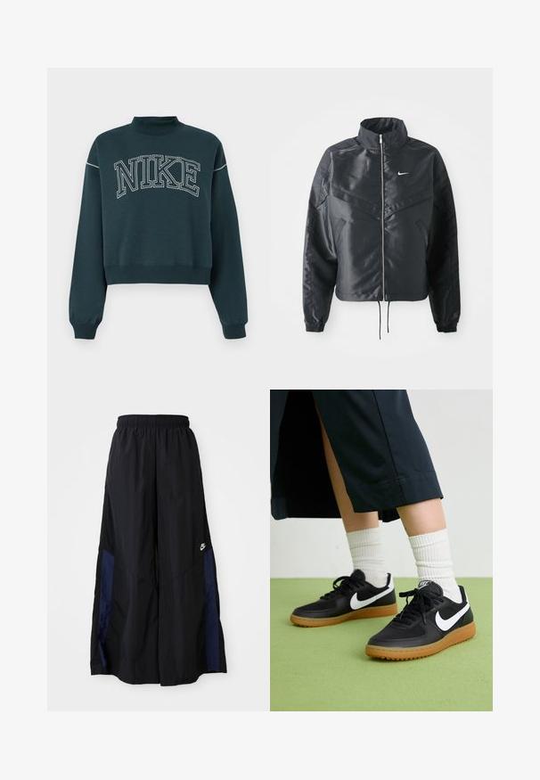 Casaco preto curto com colarinho alto, fecho de zip, punhos em elastano e um logótipo Nike branco. Tecido suave e brilhante com uma superfície ligeiramente texturizada.; Sweatshirt cropped em verde-escuro feito de um tecido suave com um decote alto, apresentando um grande logotipo "NIKE" em branco no peito.; Calças largas pretas feitas de tecido leve, com um painel lateral azul-marinho e cintura elástica. Pequeno logótipo branco na parte inferior.; Sapatilhas pretas em couro e sintético com o logo da Nike em branco, sola de borracha tipo goma, bico redondo e atacadores pretos. Meias brancas com frunces visíveis.
