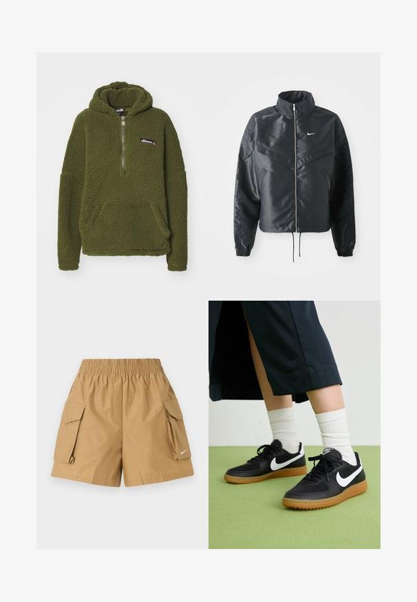 Schwarze, verkürzte Jacke mit hohem Kragen, Reißverschluss, Elastan-Ärmeln und einem weißen Nike-Logo. Glattes, glänzendes Material mit leicht strukturiertem Oberflächeneffekt.; Ellesse ZEPPY - Kapuzenpullover - khaki; Beige Cargo-Shorts mit elastischem Bund, zwei seitlichen Taschen und einem kleinen weißen Logodetail. Hergestellt aus leichtem, strukturiertem Material.; Schwarze Leder- und synthetische Sneakers mit weißem Nike-Swoosh, Gummisohle, runder Spitze und schwarzen Schnürsenkeln. Gestreifte weiße Socken sind sichtbar.