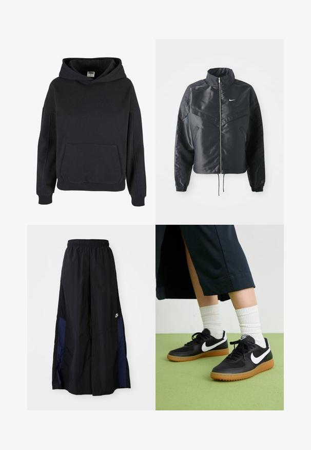 Chaqueta negra corta con cuello alto, cierre de cremallera, puños de elastano y un logo de Nike en blanco. Tejido suave y brillante con una superficie ligeramente texturizada.; Sudadera de algodón negra con un amplio bolsillo tipo canguro, gran capucha, puños y dobladillo acanalados. Diseño sencillo tipo pulóver sin patrones visibles.; Pantalones de pierna ancha negros, confeccionados en una tela ligera, con un panel lateral azul marino y una cinturilla elástica. Logotipo blanco pequeño en la parte inferior.; Zapatillas de cuero negro y sintético con el swoosh blanco de Nike, suela de goma, punta redonda y cordones negros. Calcetines blancos acanalados visibles.