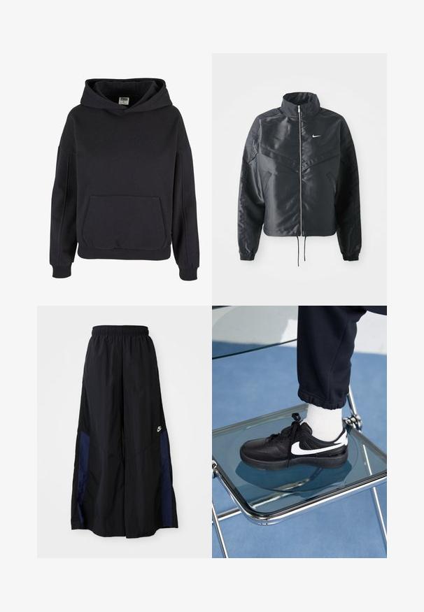 Jachetă croppată neagră cu guler înalt, închidere cu fermoar, manșete din elastan și un logo alb Nike. Material neted, lucios, cu o suprafață ușor texturată.; Hanorac negru din bumbac cu o buzunar mare tip kangur, glugă largă, manșete și tiv din bumbac ribat. Design simplu, de tip pulover, fără modele vizibile.; Pantaloni negri cu croi larg, confecționați dintr-un material ușor, având un panou lateral albastru marin și un brâu elastic. Logo mic alb în partea de jos.; Adidași negri Nike cu accente albe, cu o textură de piele netedă, design cu șireturi și vârf rotunjit, așezați pe un scaun din sticlă.