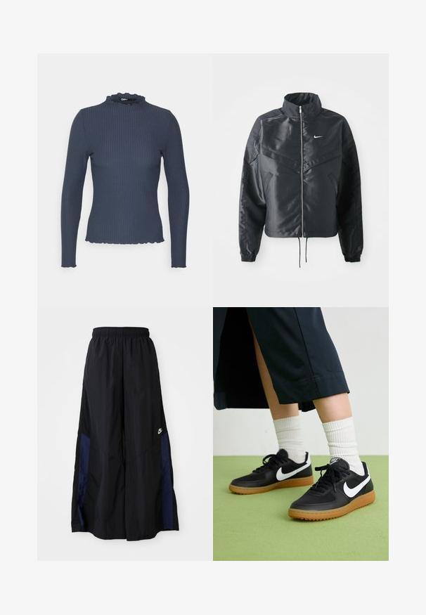 Svart kort jacka med hög krage, dragkedja, ärmslut i elastan och en vit Nike-logotyp. Slät, glänsande tyg med en något strukturerad yta.; Marinblå långärmad topp i ribbad textur. Har en hög halsringning med scallopkant och en slim fit-design.; Svarta vida byxor gjorda av lättviktig tyg, med en marinblå sid panel och ett elastiskt midjeband. Litet vitt logotyp nertill.; Svarta läder- och syntetiska sneakers med vit Nike-logga, gummisula, rund tå och svarta snörningar. Ribbad vit strumpor synliga.