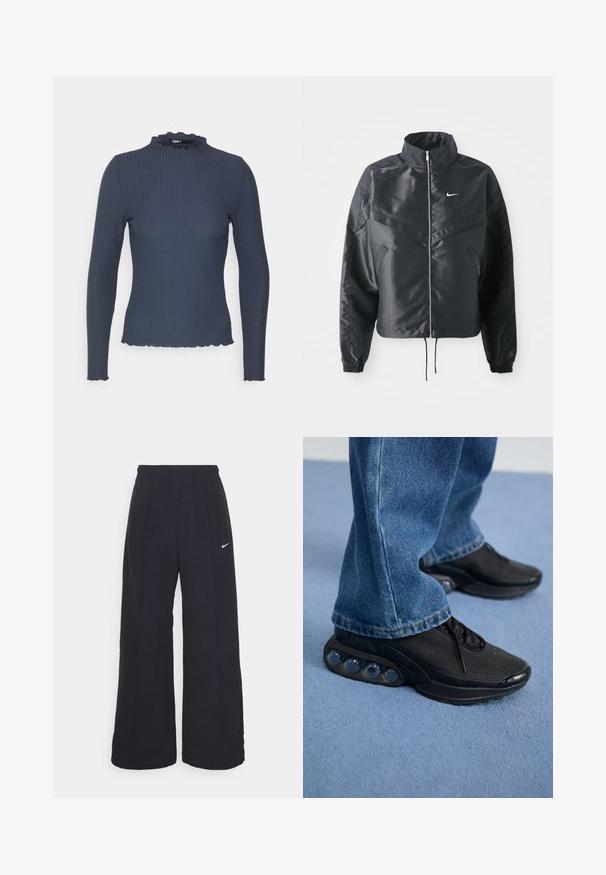 Jachetă croppată neagră cu guler înalt, închidere cu fermoar, manșete din elastan și un logo alb Nike. Material neted, lucios, cu o suprafață ușor texturată.; Top de culoare bleumarin cu mânecă lungă, realizat dintr-un material texturat în dungi. Dispune de un guler înalt cu margine ondulată și un design ajustat.; Pantaloni negri, cu pantaloni largi, cu un brâu elastic și un mic logo alb Nike. Materialul are o textură netedă, conceput pentru confort și purtare casual.; Adidași sport negri cu parte superioară din plasă, accente texturate și capsule de amortizare vizibile în talpă. Purtați cu blugi albaștri.