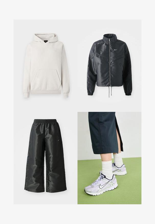 Giacca nera cropped con colletto alto, chiusura a zip, polsini in elastan e logo Nike bianco. Tessuto liscio e lucido con una superficie leggermente texturizzata.; Felpa grigia chiara realizzata in tessuto morbido. Presenta una tasca a marsupio, polsini a coste e un piccolo logo bianco sul petto.; Pantaloni sportivi neri con un tessuto lucido e morbido, dotati di una vita elasticizzata, gambe larghe e un piccolo logo sul lato sinistro.; Scarpe da corsa Nike di colore viola chiaro con dettagli in argento, logo nero e suola bianca. Abbinato a calzini a trama bianca e pantaloni scuri.