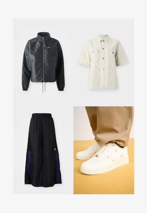 Crna kratka jakna s visokim ovratnikom, zatvaranjem na patentni zatvarač, elastinim rukavima i bijelim Nike logom. Glatka, sjajna tkanina s lagano teksturiranom površinom.; Košulja kratkih rukava od svijetlog bež materijala, s oštrim ovratnikom, prednjim gumbima, dva džepa na prsima i malom logotip oznakom lijevo.; Crne hlače širokih nogavica izrađene od lagane tkanine, sa tamnoplavim bočnim panelom i elastičnom stražnjom trakom. Mali bijeli logo je na dnu.; Bijele kožne tenisice s perforiranim nosom, zlatnim detaljima i ravnim vezicama, u kombinaciji s bež hlačama na strukturalnoj žutoj podlozi.