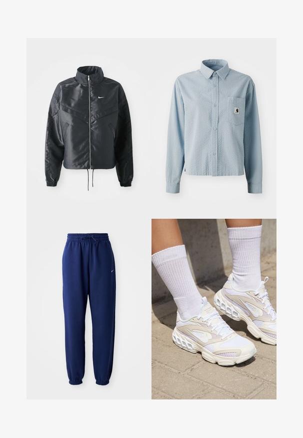 Fekete, rövidített dzseki magas gallérral, cipzáras záródással, elasztikus mandzsettákkal, és fehér Nike logóval. Simább, fényes anyag, enyhén textúrázott felülettel.; Világoskék, hosszú ujjú, gombos ing, texturált mintázattal, mellzsebvel és a zsebre varrt logóval. Woven anyagból készült.; Navy kék sportnadrág puha anyagból, elasztikus derékpánttal és zsinórral, elasztikus mandzsettákkal és egy kis fehér logóval.; Nike Sportswear ZOOM AIR FIRE - Sportcipő - pearl white/white/pale ivory/iced lilac/barely green