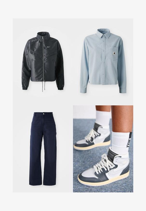 Casaco preto curto com colarinho alto, fecho de zip, punhos em elastano e um logótipo Nike branco. Tecido suave e brilhante com uma superfície ligeiramente texturizada.; Camisa de botão de manga longa azul-clara com um padrão texturizado, um bolso no peito e um rótulo da marca no bolso. Feita de tecido tecido.; Calças de cargo largas em azul-marinho, feitas de um tecido de algodão resistente, com bolsos laterais e um fecho de botão na cintura.; Jordan AIR JORDAN 1 HIGH METHOD OF MAKE - Sapatilhas de cano alto - anthracite/neutral grey/sail