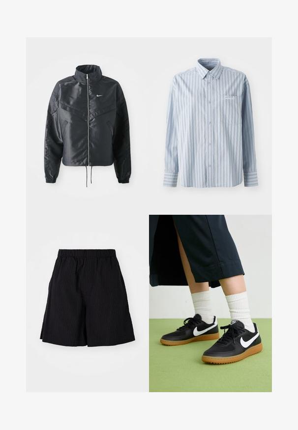 Črna skrajšana jakna z visokim ovratnikom, zadrgo, elastan rokavi in belim logotipom Nike. Gladek, sijoč material z rahlo teksturirano površino.; Svijetloplava košulja dugih rukava s dugmadi, s bijelim i tamnim vertikalnim prugama i prednjim džepom na prsima s bijelim vezom.; Črne hlače kratke narejene iz strukturirane tkanine z rebrastim vzorcem. Imajo elastičen pas in sproščen kroj. Se končajo tik nad kolenom.; Črne usnjene in sintetične superge z belim Nike swooshom, gumo na podplatu, okroglo konico ter črnimi vezalkami. Vidne so rebraste bele nogavice.