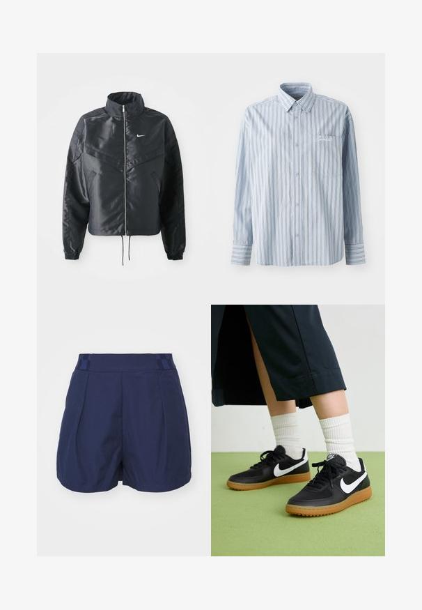 Casaco preto curto com colarinho alto, fecho de zip, punhos em elastano e um logótipo Nike branco. Tecido suave e brilhante com uma superfície ligeiramente texturizada.; Camisa de botão de mangas longas azul clara com riscas verticais brancas e escuras e um bolso frontal no peito com bordado em script branco.; Calças curtas azul marinho com uma textura suave, apresentando uma cintura com padrão e detalhes com pregas na frente. Projetadas para conforto e mobilidade.; Sapatilhas pretas em couro e sintético com o logo da Nike em branco, sola de borracha tipo goma, bico redondo e atacadores pretos. Meias brancas com frunces visíveis.