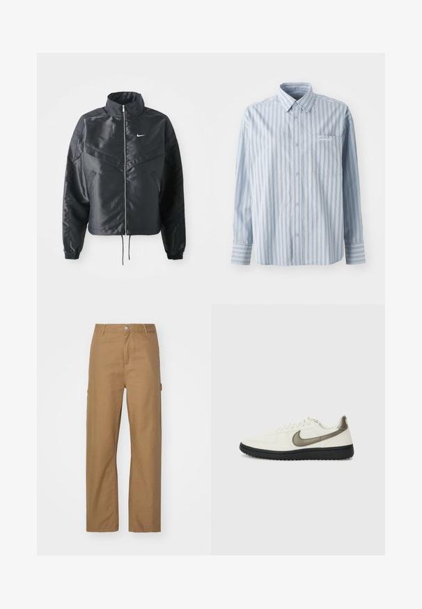 Casaco preto curto com colarinho alto, fecho de zip, punhos em elastano e um logótipo Nike branco. Tecido suave e brilhante com uma superfície ligeiramente texturizada.; Camisa de botão de mangas longas azul clara com riscas verticais brancas e escuras e um bolso frontal no peito com bordado em script branco.; Calças retas em tom claro, feitas de um tecido misto de algodão. Apresentam um fecho frontal com botão e dois bolsos laterais; textura suave e mate.; Nike Sportswear FIELD GENERAL - Sapatilhas - off-white/black