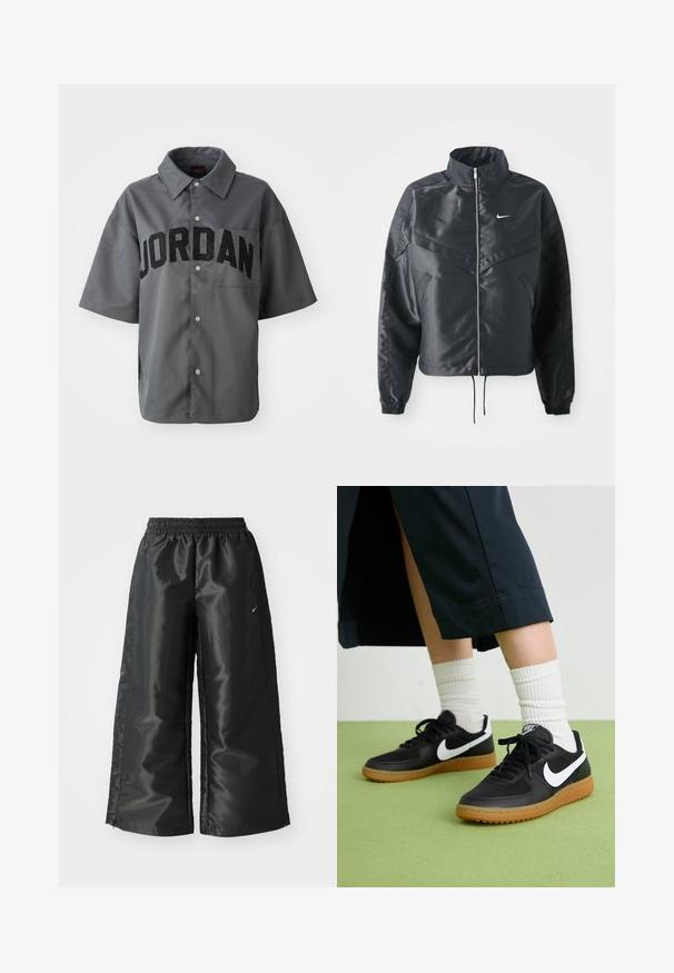 Black cropped jacket with high collar, zip closure, elastane cuffs, and a white Nike logo. Smooth, shiny fabric with a slightly textured surface.; Gray short-sleeve shirt with button closure featuring "JORDAN" in large black letters across the front and a chest pocket. Smooth texture.; Black athletic pants with a shiny, smooth fabric, featuring an elastic waistband, wide legs, and a small logo on the left side.; Black leather and synthetic sneakers with white Nike swoosh, rubber gum sole, round toe, and black laces. Ribbed white socks visible.