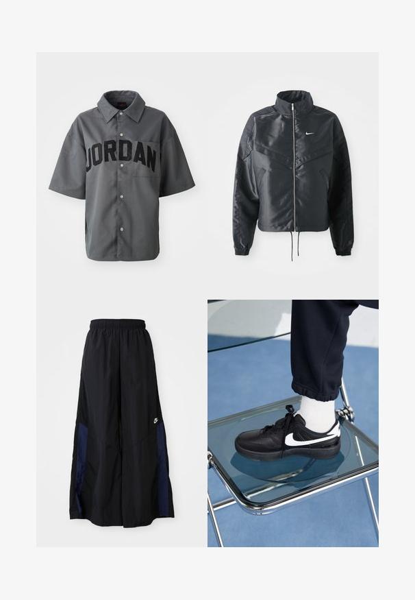 Schwarze, verkürzte Jacke mit hohem Kragen, Reißverschluss, Elastan-Ärmeln und einem weißen Nike-Logo. Glattes, glänzendes Material mit leicht strukturiertem Oberflächeneffekt.; Graues kurzärmeliges Shirt mit Knopfverschluss, das "JORDAN" in großen schwarzen Buchstaben auf der Vorderseite und eine Brusttasche aufweist. Glatte Textur.; Schwarze weit geschnittene Hose aus leichtem Stoff, mit einem dunkelblauen Seitenpanel und einem elastischen Bund. Kleines weißes Logo am unteren Ende.; Schwarze Nike-Sneaker mit weißen Akzenten, die über eine glatte Ledertextur, ein Schnürdesign und eine abgerundete Zehenform verfügen, platziert auf einem Glasstuhl.