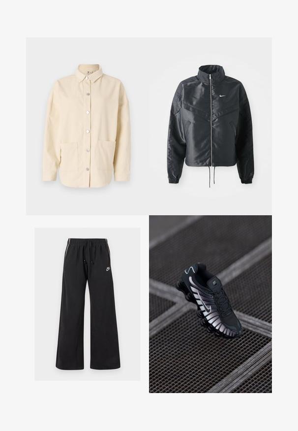 Mustat lyhyet takit, joissa on korkea kaulus, vetoketjukiinnitys, elastaanista valmistetut hihan suut ja valkoinen Nike-logo. Sileä, kiiltävä kangas, jossa on hieman tekstuuria.; Kermakivinen corduroy-paitatakki, jossa on kauluksellinen kaula, hopeiset napit ja kaksi etutaskua. Rentomukavuus ja teksturoitu kangas.; Mustat collegehousut pehmeästä kankaasta, joissa on joustava vyötärö, jossa on naru, sivuaukeamat ja pieni logo vasemmassa etuosassa.; Musta urheilukenkä, jossa on teksturoitu verkkopohja, hopeiset yksityiskohdat, kaaren tuki ja pehmeä pohja, jossa on selkeäSegmentoitu muotoilu.