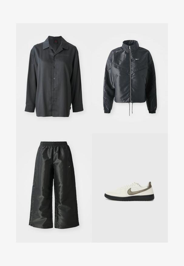 Black cropped jacket with high collar, zip closure, elastane cuffs, and a white Nike logo. Smooth, shiny fabric with a slightly textured surface.; Black long-sleeve shirt, smooth fabric, button-up front, pointed collar, subtle "AIR JORDAN" embroidery on the chest, relaxed fit.; Black athletic pants with a shiny, smooth fabric, featuring an elastic waistband, wide legs, and a small logo on the left side.; Nike Sportswear FIELD GENERAL - Trainers - off-white/black