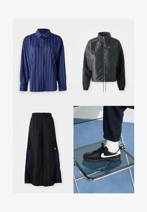 Černá zkrácená bunda s vysokým límcem, zipovým zapínáním, elastickými manžetami a bílým logem Nike. Hladká, lesklá látka s mírně strukturovaným povrchem.; Námořnická modrá pruhovaná košile s límečkem, náprsní kapsou a dlouhými rukávy. Vyrobena z hladké, lesklé látky s volným střihem.; Černé kalhoty širokého střihu vyrobené z lehkého materiálu, s námořnickou modrou bočním panelem a elastickým pasem. Malé bílé logo na spodní části.; Černé tenisky Nike s bílými akcenty, s hladkou koženou texturou, šněrovacím designem a zaoblenou špičkou, umístěné na skleněné židli.