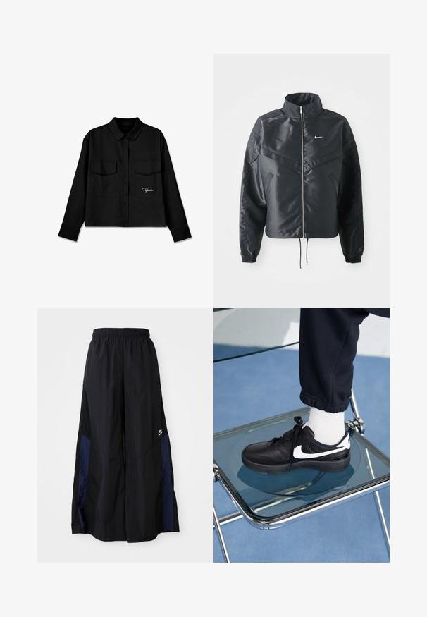Czarna krótka kurtka z wysokim kołnierzem, zamek błyskawiczny, ściągacze z elastanu i białe logo Nike. Gładki, błyszczący materiał o lekko teksturowanej powierzchni.; Czarna krótka koszula z ostrym kołnierzykiem, podwójnymi kieszeniami na piersiach, z przodem zapinanym na guziki oraz haftowanym logo po lewej stronie. Gładka faktura tkaniny.; Czarne spodnie szerokie wykonane z lekkiego materiału, z granatowym bocznym panelem i elastycznym paskiem w talii. Małe białe logo na dole.; Czarne sneakersy Nike z białymi akcentami, charakteryzujące się gładką skórzaną teksturą, zawiązywaną konstrukcją i zaokrąglonym noskiem, umieszczone na szklanym krześle.