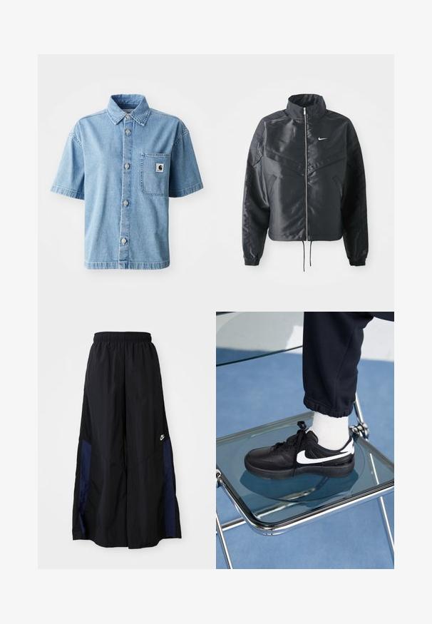 Zwarte cropped jack met hoge kraag, ritsluiting, elastische manchetten en een wit Nike-logo. Glad, glanzend materiaal met een licht gestructureerd oppervlak.; Korte mouw denim overhemd in lichtblauw, met een knoopsluiting aan de voorkant, puntige kraag, enkel borstzakje en metalen knopen.; Zwarte wijdlopende broek van lichtgewicht stof, met een marineblauwe zijpaneel en een elastische tailleband. Klein wit logo onderaan.; Zwarte Nike sneakers met witte accenten, met een gladde leren textuur, vetersluiting en ronde neus, geplaatst op een glazen stoel.