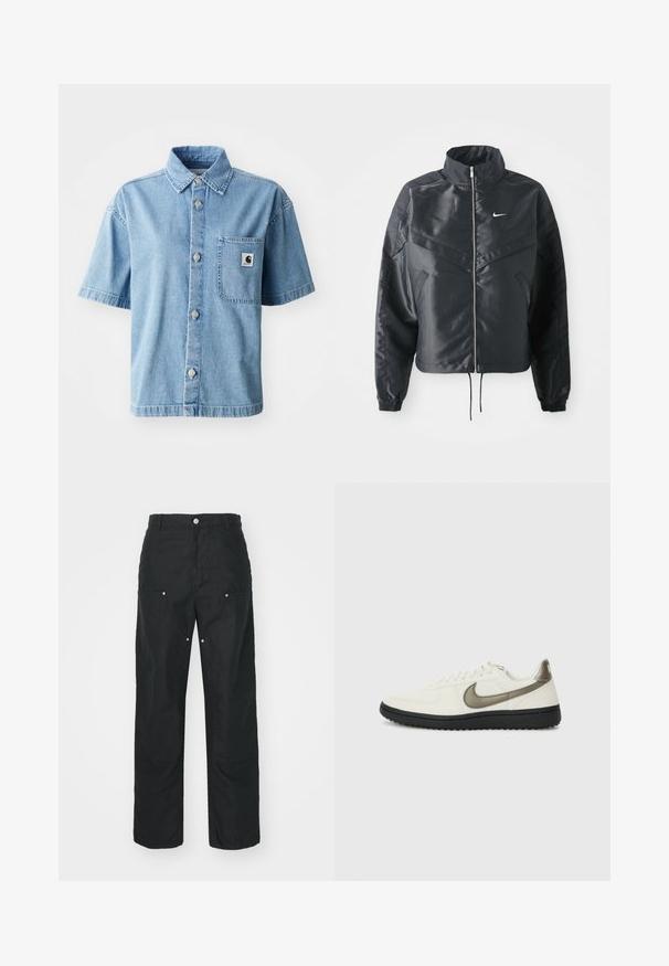 Juoda trumpa striukė su aukštu coloru, užtrauktuku, elastaniniu rankogaliu ir balta Nike logotipu. Lygus, blizgus audinys su šiek tiek tekstūruotu paviršiumi.; Šviesiai mėlynas džinsinis marškinėlis trumpomis rankovėmis, su mygtukų užsegimu priekyje, smailiu apykakle, viena krūtinės kišenė ir metaliniais mygtukais.; Juodos kelnės su tiesiomis kojomis, pagamintos iš tekstūruotos medžiagos. Papuoštos dekoratyviniais sidabro detalėmis ir unikaliu siūlių apdorojimu.; Nike Sportswear FIELD GENERAL - Sportbačiai - off-white/black