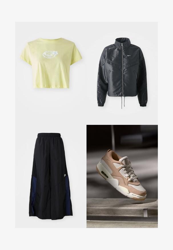 Mustat lyhyet takit, joissa on korkea kaulus, vetoketjukiinnitys, elastaanista valmistetut hihan suut ja valkoinen Nike-logo. Sileä, kiiltävä kangas, jossa on hieman tekstuuria.; Vaaleankeltainen lyhythihainen puuvillapaita. Edessä sydämen muotoisessa keskuksessa valkoinen kukkakuosisuunnittelu.; Musta leveälahkeinen housu, joka on valmistettu kevyestä kankaasta. Housuissa on tummansininen sivupaneeli ja joustava vyötärö. Alhaalla on pieni valkoinen logo.; Beige ja valge tennisjalanik, millel on sile nahk ja sametine viimistlus, padjaga keele, sidumise ees ja nähtav õhkpadja üksus.