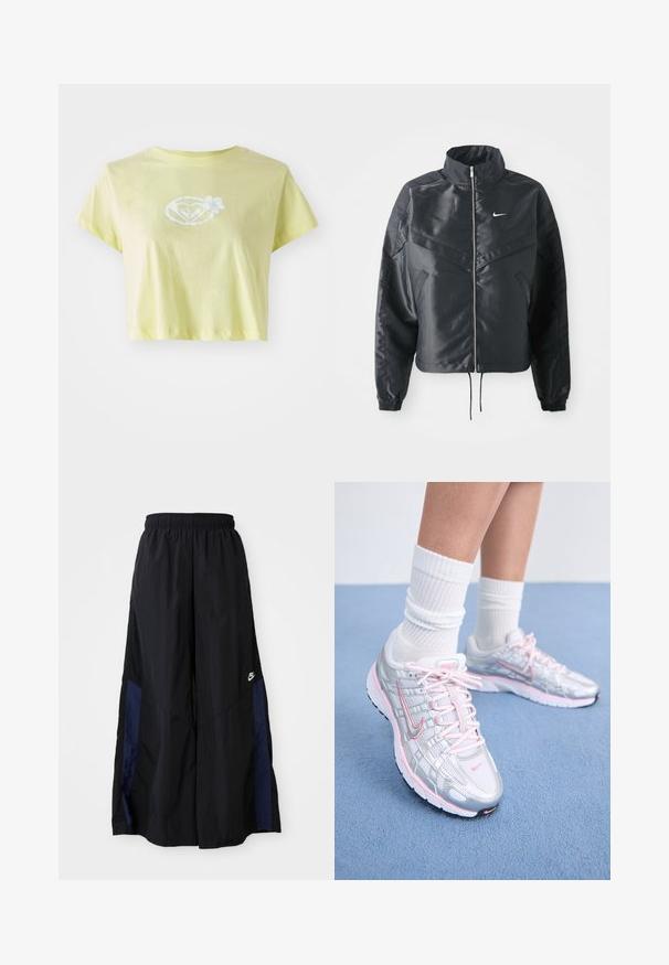 Casaco preto curto com colarinho alto, fecho de zip, punhos em elastano e um logótipo Nike branco. Tecido suave e brilhante com uma superfície ligeiramente texturizada.; T-shirt cropped amarelo claro feito de algodão. Apresenta um desenho gráfico floral branco no centro de uma forma de coração na parte frontal.; Calças largas pretas feitas de tecido leve, com um painel lateral azul-marinho e cintura elástica. Pequeno logótipo branco na parte inferior.; Sapatos de corrida Nike com um upper de malha prateada com detalhes em rosa, atacadores brancos e uma sola texturizada. Usados com meias de algodão brancas para desporto.