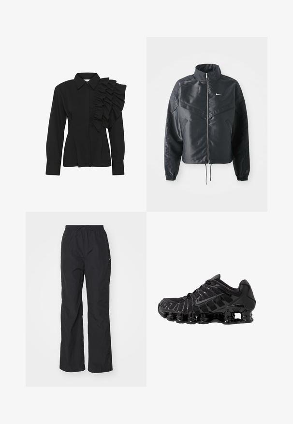 Black cropped jacket with high collar, zip closure, elastane cuffs, and a white Nike logo. Smooth, shiny fabric with a slightly textured surface.; Black blouse featuring a structured collar, long sleeves, and a ruffled detail on the right shoulder. Made from smooth fabric with a tailored fit.; Black, lightweight pants with an elastic waistband and drawstring. Features a textured finish and a small reflective logo on the side.; Black athletic shoe with mesh upper and glossy overlays. Features curved coil cushioning and textured lines on the side. Nike logo visible.