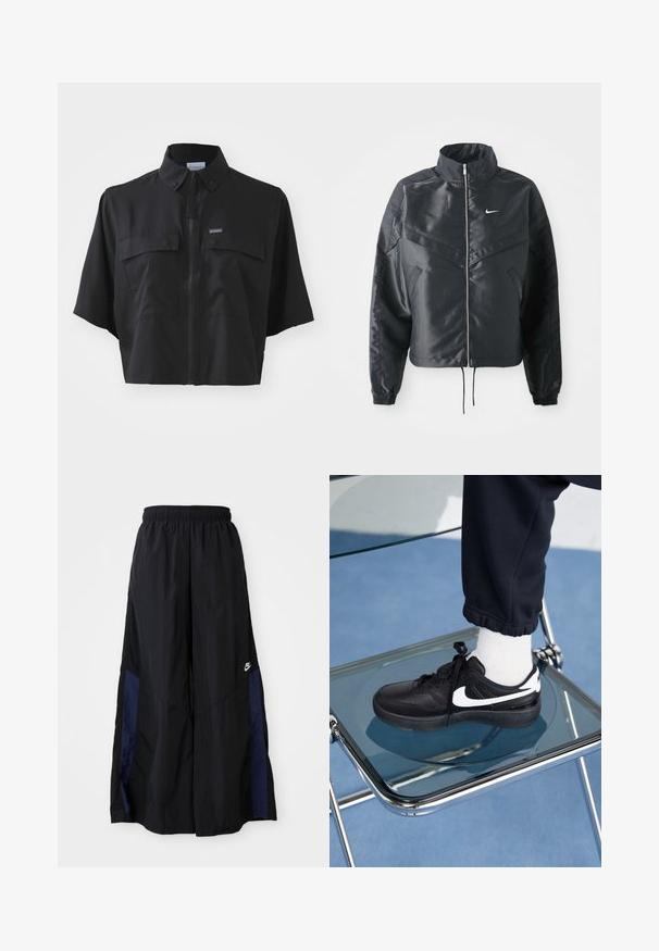 Veste noire courte avec col haut, fermeture éclair, poignets en élasthanne et logo Nike blanc. Tissu lisse et brillant avec une surface légèrement texturée.; Veste noire courte en tissu léger, avec des manches courtes, une fermeture éclair et deux poches avant pour un détail supplémentaire.; Pantalons larges noirs en tissu léger, avec un panneau latéral bleu marine et une taille élastique. Petit logo blanc en bas.; Baskets Nike noires avec des accents blancs, présentant une texture en cuir lisse, un design à lacets et un bout rond, placées sur une chaise en verre.