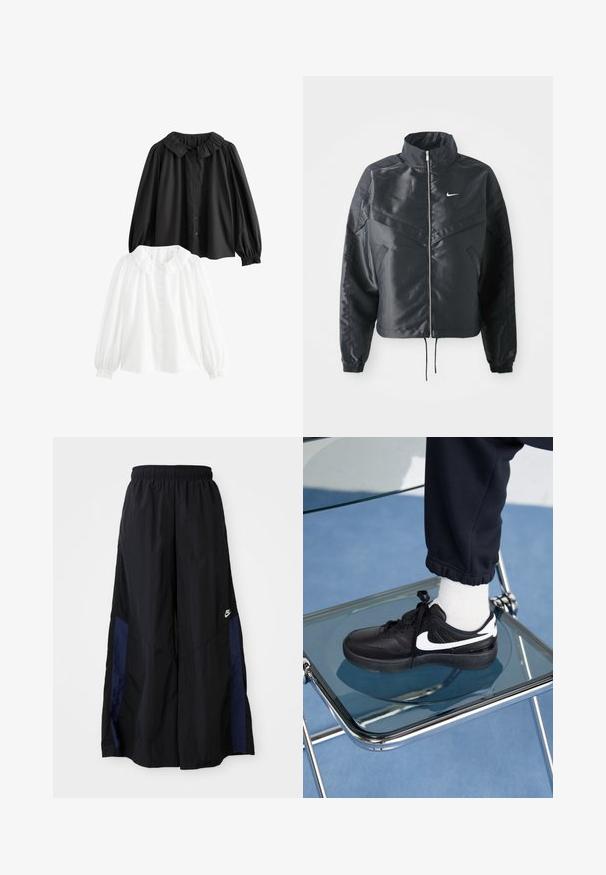 Chaqueta negra corta con cuello alto, cierre de cremallera, puños de elastano y un logo de Nike en blanco. Tejido suave y brillante con una superficie ligeramente texturizada.; Dos blusas con cuello: una negra y una blanca; ambas con mangas abullonadas, botones en el frente y detalles de cuello con volantes. Material de algodón.; Pantalones de pierna ancha negros, confeccionados en una tela ligera, con un panel lateral azul marino y una cinturilla elástica. Logotipo blanco pequeño en la parte inferior.; Zapatillas Nike negras con acentos blancos, con una textura de cuero suave, diseño de cordones y punta redondeada, colocadas sobre una silla de cristal.