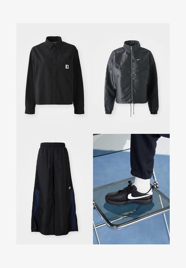 Chaqueta negra corta con cuello alto, cierre de cremallera, puños de elastano y un logo de Nike en blanco. Tejido suave y brillante con una superficie ligeramente texturizada.; Camisa negra de manga larga con un patrón de waffle texturizado, cierre de botones en la parte delantera, cuello y un bolsillo en el pecho que presenta un parche con un logo.; Pantalones de pierna ancha negros, confeccionados en una tela ligera, con un panel lateral azul marino y una cinturilla elástica. Logotipo blanco pequeño en la parte inferior.; Zapatillas Nike negras con acentos blancos, con una textura de cuero suave, diseño de cordones y punta redondeada, colocadas sobre una silla de cristal.