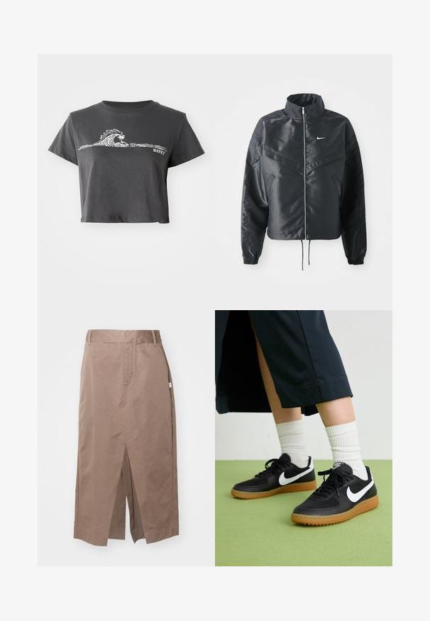 Black cropped jacket with high collar, zip closure, elastane cuffs, and a white Nike logo. Smooth, shiny fabric with a slightly textured surface.; Dark gray cropped T-shirt with white stylized wave, palm tree graphic, and "ROXY" text on the front.; Brown cotton skirt with a straight design, featuring a front split, side pockets, and a standard waistband. Smooth texture and tailored seams.; Black leather and synthetic sneakers with white Nike swoosh, rubber gum sole, round toe, and black laces. Ribbed white socks visible.