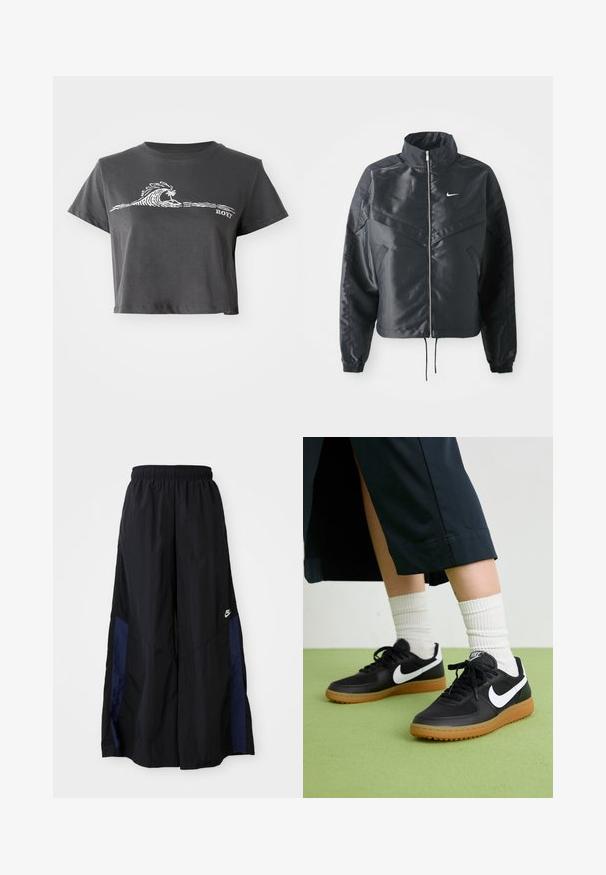 Svart cropped jakke med høy krage, glidelåsåpning, elastiske mansjetter og en hvit Nike-logo. Glatt, shiny stoff med en lett teksturert overflate.; Mørkegrå, kortermet T-skjorte med hvit stilisert bølge, palmetre-grafikk og "ROXY"-tekst på forsiden.; Svarte vide bukser laget av lett stoff, med et marineblått sidestykke og elastisk midjebånd. Liten hvit logo nederst.; Sorte lær- og syntetiske joggesko med hvit Nike swoosh, gummisåle, rund tå og sorte lisser. Ribbet hvite sokker synlige.