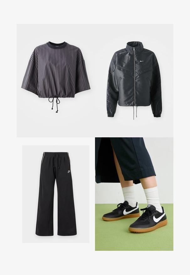 Must kolledžiga must lühike jope, millel on lukuga sulgus, elastne mansett ja valge Nike logo. Sile, läikiv kangas, millel on veidi tekstureeritud pind.; Tükkide kaupa lühikeste varrukatega tumehall topp, millel on vertikaalsed triibud. Omab nööriga allääret ja ümmargust kaelaauk, millel on kontrastne must äär.; Mustad mustad püksid, mis on valmistatud pehmest kangast, elastse vöökoha ja nööriga, külgedel triibud ning väike logo vasakul ees.; Mustad nahast ja sünteetilised sneekerid valge Nike logoga, kummist gumme, ümar nina ja mustad paelad. Näha ribakujulisi valgeid sokke.