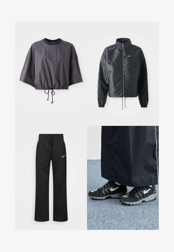 Črna skrajšana jakna z visokim ovratnikom, zadrgo, elastan rokavi in belim logotipom Nike. Gladek, sijoč material z rahlo teksturirano površino.; Kratka, majica s kratkimi rokavi v temno sivi barvi z navpičnimi črtami. Ima šnuro za zategovanje na robu in okroglo izrez z kontrastnim črnim robom.; Črne trenirke iz mešanice bombaža, z elastičnim pasom na vrvico, ravnimi nogami in belim logotipom Nike na levi strani.; Črne športne čevlje z teksturirano zgornjimi deli, srebrnimi odtenki in z vzorčenim podplatom, v kombinaciji z dolgim črnim oblačilom. Postavljeno na modrem preprogo.