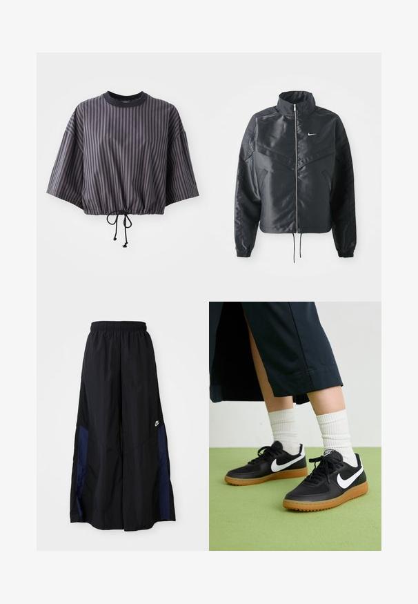 Juoda trumpa striukė su aukštu coloru, užtrauktuku, elastaniniu rankogaliu ir balta Nike logotipu. Lygus, blizgus audinys su šiek tiek tekstūruotu paviršiumi.; Trumpas, tamsiai pilkas palaidinukas su vertikaliomis juostelėmis. Su raišteliu apatinėje dalyje ir apykakle su apvadu juoda spalva.; Juodos plačios kojų kelnės, pagamintos iš lengvos medžiagos, su tamsiai mėlyna šonine juostele ir elastinga juosmens juosta. Maža balta logotipo etikete apačioje.; Juodos odinės ir sintetinių medžiagų sportbačiai su balta Nike swoosh, guminis padas, apvalus pirštas ir juodi raišteliai. Matomos banguotos baltos kojinės.